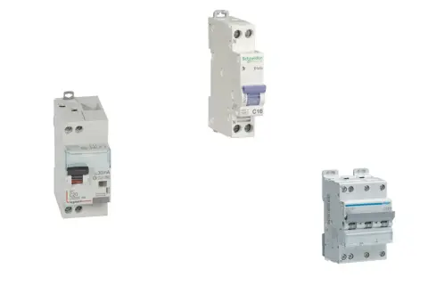 Trois disjoncteurs magnéto thermiques de marques Legrand, Schneider Electric et Hager, essentiels pour la sécurité électrique.