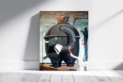 A surreal painting features a giant, dark, elephant-like creature with a bull's head and a trunk. A headless female torso with an orange arm reaches towards it. The elephant celebes is a striking, enigmatic figure.