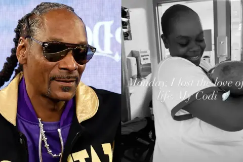 Snoop Dogg obok zdjęcia kobiety tulącej noworodka. Widać, że Snoop Dogg ma dzieci, a zdjęcie po prawej to smutna wiadomość o stracie.