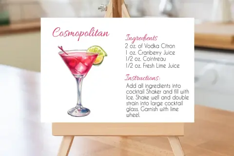 Przepis na drinka Cosmopolitan: ilustracja koktajlu z limonką i listą składników. Idealny na wieczór w stylu cosmopolitan.