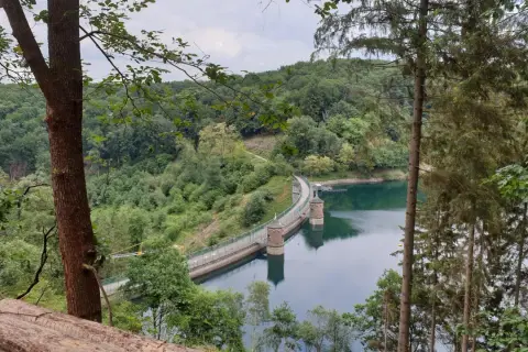 Die Talsperre Solingen, umgeben von üppigem Grün, staut das ruhige Wasser. Zwei Türme ragen aus dem See empor.
