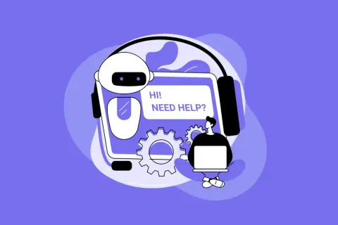 Robot z nagłówkiem "Hi! Need help?" i człowiek przy laptopie. To ilustracja pokazująca, gemini co to jest – inteligentny asystent.