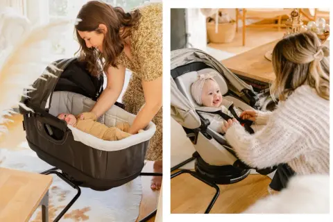 A mother adjusts her baby in a bassinet, mindful of the weight limit. Another mother secures her smiling baby in a stroller seat.