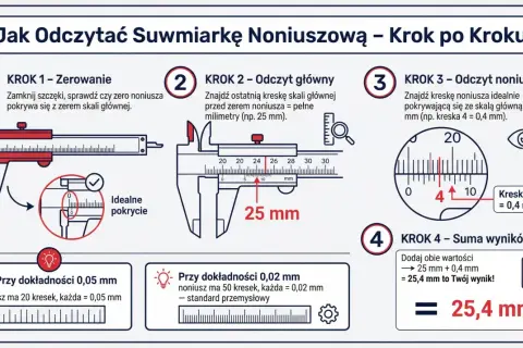 Ilustracja przedstawia instrukcję krok po kroku, jak odczytać pomiar z suwmiarki noniuszowej.