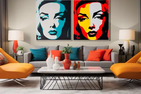Dwa wyraziste obrazy akrylowe pop art z portretami kobiet, dominują w nowoczesnym salonie z pomarańczowymi fotelami i szarą kanapą.