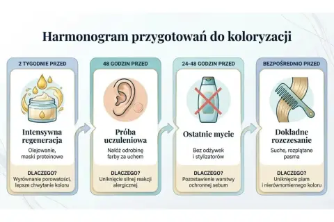 Harmonogram przygotowań do farbowania włosów: regeneracja, próba uczuleniowa, ostatnie mycie i rozczesanie.