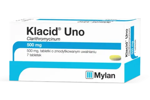 Opakowanie leku Klacid Uno 500 mg z jedną tabletką. Klacid to antybiotyk.