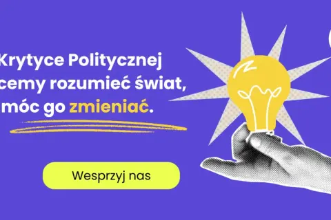 Dłoń trzymająca żarówkę symbolizującą pomysł, na fioletowym tle z tekstem.