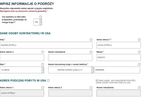 Formularz podróżny z polami do wpisania danych kontaktowych w USA, w tym adres, stan (Illinois) i numer telefonu.