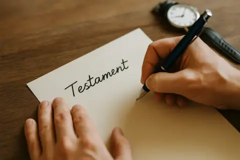 Ręka pisze długopisem słowo "Testament" na kartce. Ważne jest, jak napisać testament, by wszystko było jasne.