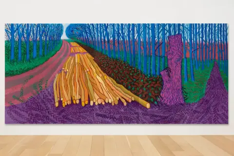 A contemporary landscape painting depicts a vibrant forest scene with a winding path, stacked logs, and a striking purple tree stump.