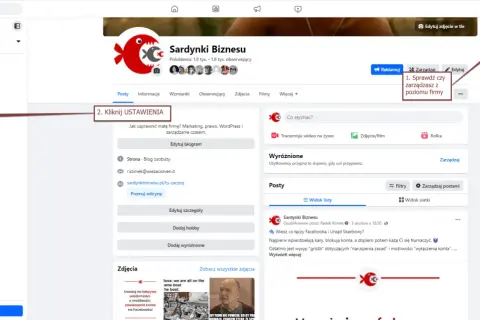 Jak sprawdzić kto jest administratorem strony na FB? Kliknij "Zarządzaj" u góry, a potem "Ustawienia".