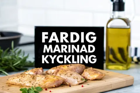 Färdig kyckling på ett skärbräde, redo att serveras. Texten "FARDIG MARINAD KYCKLING" syns i bakgrunden.