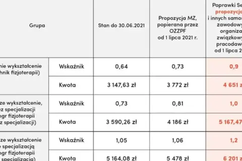 Tabela z danymi dotyczącymi stawek fizjoterapeutów w zależności od wykształcenia i propozycji zmian.