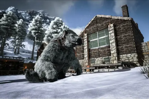 Zwierzę w uprzęży na tle zimowego krajobrazu i drewnianego domu. Wymagania Ark Survival Evolved mogą być wysokie, ale warto dla takich widoków.