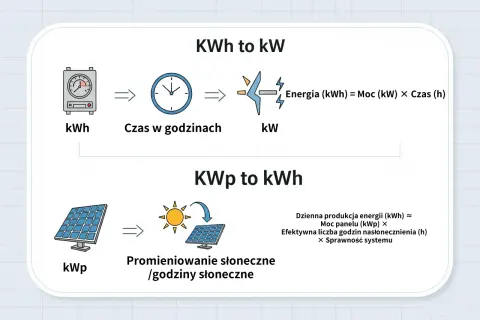 Wyjaśnienie zależności między kWh a kW. Energia (kWh) = Moc (kW) × Czas (h). Produkcja energii z paneli (kWh) zależy od mocy panelu (kWp) i godzin słonecznych.