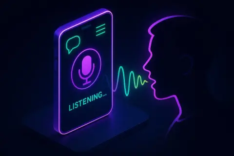 Aplikacja Gemini słucha Twoich poleceń. Neonowy profil głowy mówi, a fala dźwiękowa dociera do telefonu z ikoną mikrofonu.