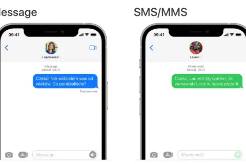 Dwa ekrany iPhone'a: po lewej iMessage z niebieską chmurką, po prawej SMS/MMS z zieloną.