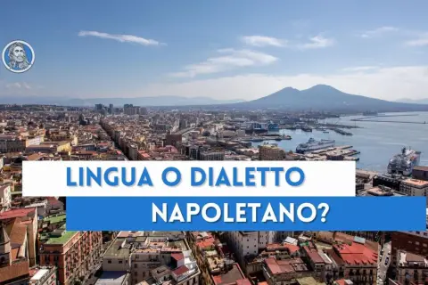 Panorama di Napoli con il Vesuvio sullo sfondo. Testo: "Lingua o dialetto napoletano?".