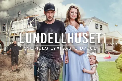 Här är en familj som bygger sitt drömhus i den sista dokusåpan. Bygget pågår medan en lyxig villa med pool och bil skymtar i bakgrunden.
