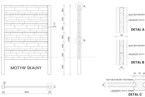 Rysunek techniczny ogrodzenia betonowego z widokiem frontowym i bocznym. Wymiary słupów betonowych 115x115mm, płyty 40mm.