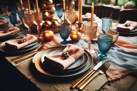 En elegant fest dukning med gyllene bestick, rosa servetter och blåa glas. Ljusen skapar en varm och inbjudande atmosfär.