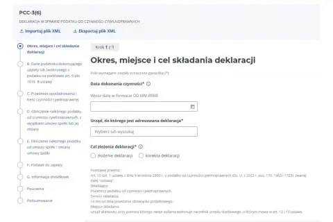 Formularz PCC-3 pdf do wypełnienia: Okres, miejsce i cel składania deklaracji. Wpisz datę, wybierz urząd i cel złożenia.