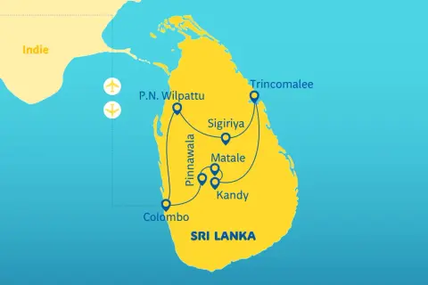 Mapa Sri Lanki z zaznaczonymi miejscami do zobaczenia: Colombo, Pinnawala, P.N. Wilpattu, Sigiriya, Matale, Kandy, Trincomalee.