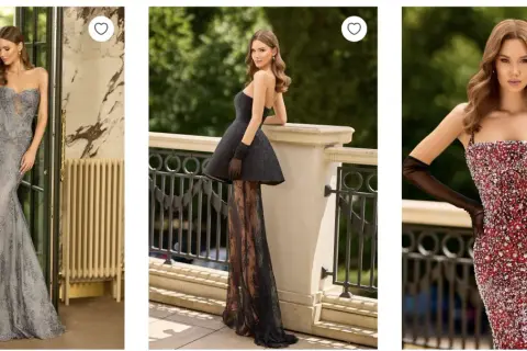 Trzy kobiety prezentują eleganckie suknie wieczorowe: szarą koronkową, czarną z tiulową spódnicą i czerwoną zdobioną kryształkami.
