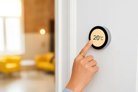 Dedo ajustando el termostato a 20°C, controlando la calefacción inteligente del hogar.