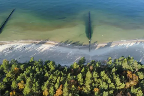 Widok z lotu ptaka na sosnowy las przylegający do piaszczystej plaży i spokojnego morza. Idealne miejsce na relaks w uzdrowiskach nad morzem.