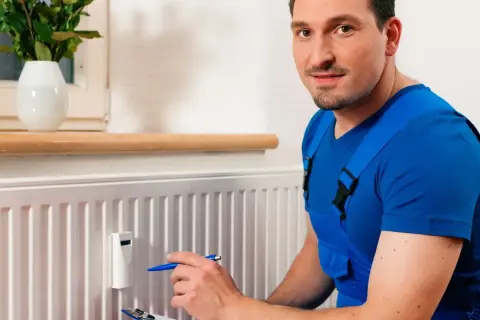 Fachowiec w niebieskim kombinezonie sprawdza odczyty na podzielnikach ciepła zamontowanych na grzejniku.