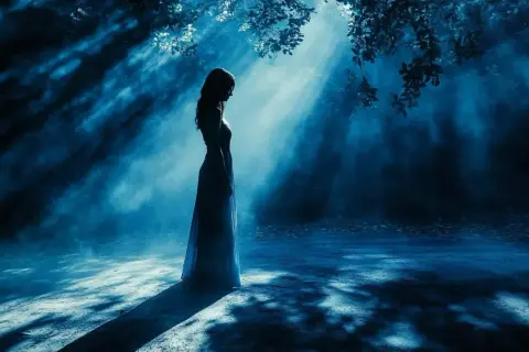 Eine Frau im langen Kleid steht im Mondlicht, umgeben von Nebel. Ihre Silhouette spiegelt die tiefe **Angst abgelehnt zu werden** wider, während Lichtstrahlen durch die Bäume fallen.