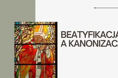 Witraż z papieżem Janem Pawłem II. Tytuł: Beatyfikacja a kanonizacja.