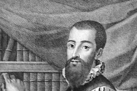 Grabado de Garcilaso de la Vega, poeta renacentista, junto a una estantería llena de libros.