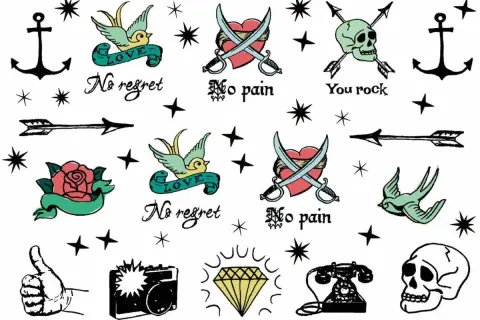 Sammlung von old school tattoo Motiven: Anker, Schwalben mit "LOVE", gekreuzte Säbel über Herz, Totenkopf mit Pfeilen, Rose, Daumen hoch, Kamera, Diamant, Telefon.