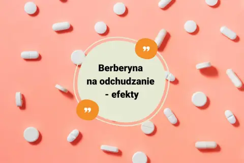 Białe tabletki i kapsułki na różowym tle. W centrum okrąg z napisem "Berberyna na odchudzanie - efekty".