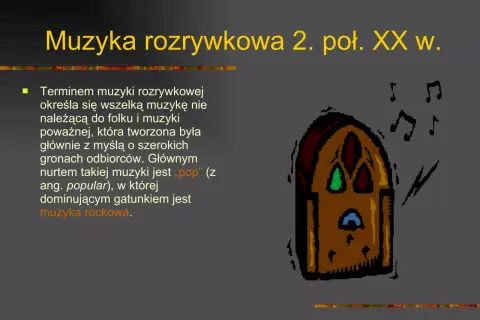 Rodzaje muzyki rozrywkowej: pop i rock. Ilustracja przedstawia radio i nuty, symbolizujące muzykę.