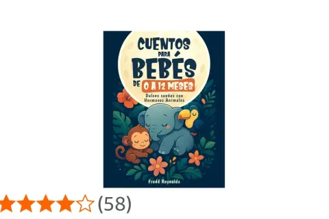 Ilustración de cuentos para bebés de 0 a 12 meses, con un elefante, mono y pájaro durmiendo.