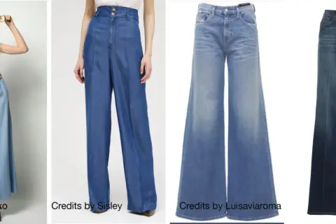 Modelli di pantaloni in denim con gamba larga, che illustrano il "wide fit significato" per un look comodo e alla moda.