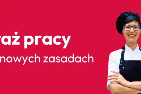 Uśmiechnięta kucharka w czepku i fartuchu zaprasza na staż pracy od 2026 roku na nowych zasadach.