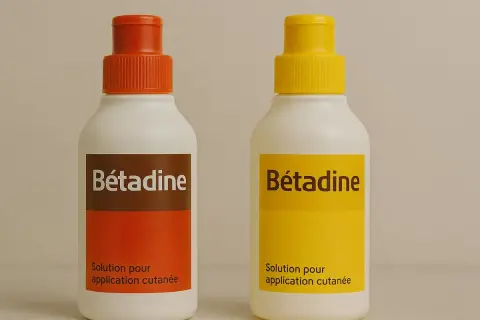 Deux flacons de Bétadine, l'un avec un bouchon orange, l'autre jaune. Idéal pour enlever tache betadine.