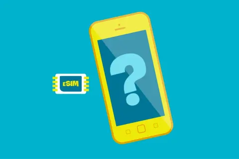 Żółty smartfon z pytajnikiem na ekranie i obok niego karta eSIM. Czy to Twój nowy nju mobile eSIM?