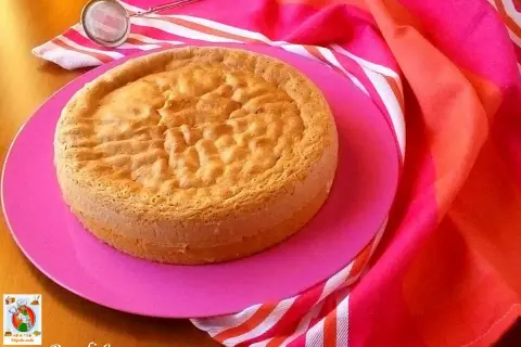Gâteau Pan di Spagna, parfait pour une recette génoise moelleuse. Servi sur une assiette rose avec un torchon coloré.
