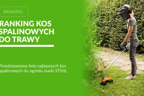 Ranking kos spalinowych do trawy. Kobieta w ochronnym kasku i rękawiczkach przycina trawnik kosą spalinową STIHL.