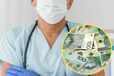 Lekarz w maseczce i rękawiczkach, z sercem pełnym troski i portfelem pełnym złotówek. Ile zarabia lekarz w szpitalu?