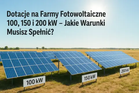 Panele fotowoltaiczne na polu, z tabliczkami 100, 150 i 200 kW. Tekst informuje o dotacjach na farmy fotowoltaiczne i warunkach.