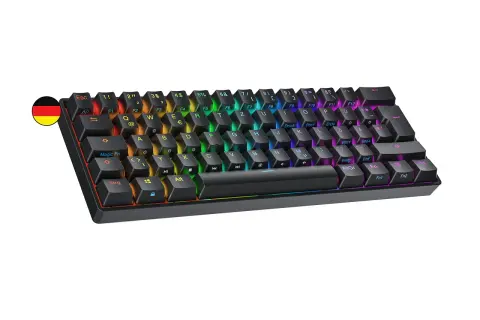 Kompakte deutsche 60%-Tastatur mit RGB-Beleuchtung. Sie hat 61 Tasten, ideal für platzsparende Setups.