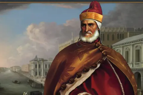 Portret doży Wenecji, idealny do Europa Universalis 4 spolszczenie. W tle wenecki kanał i budynki.