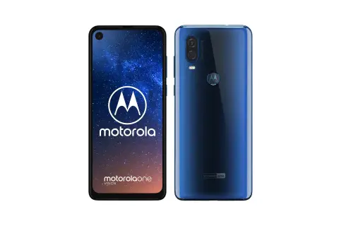 Motorola One Vision w kolorze niebieskim, z przodu i z tyłu. Wyświetlacz z motywem gwiazd i logo Motorola.